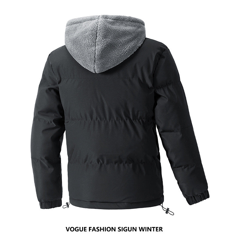 2025 Winter New Cross-Border Men's Cotton Jacket, Faux Two-Piece Solid Color Design with Fleece Lining and Thickened Polar Fleece Cotton Coat