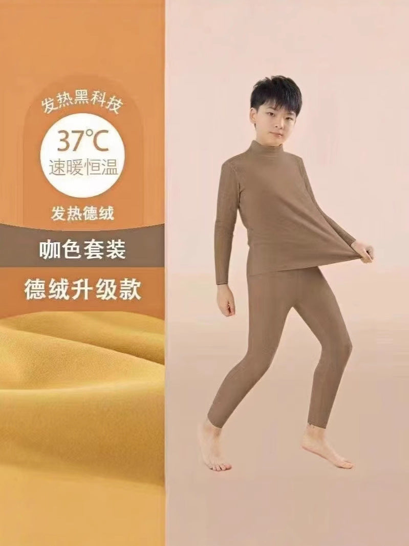 Mid-high collar children's velvet thermal suit for boys ground plush cold-proof one-piece velvet large children's thick thermal underwear