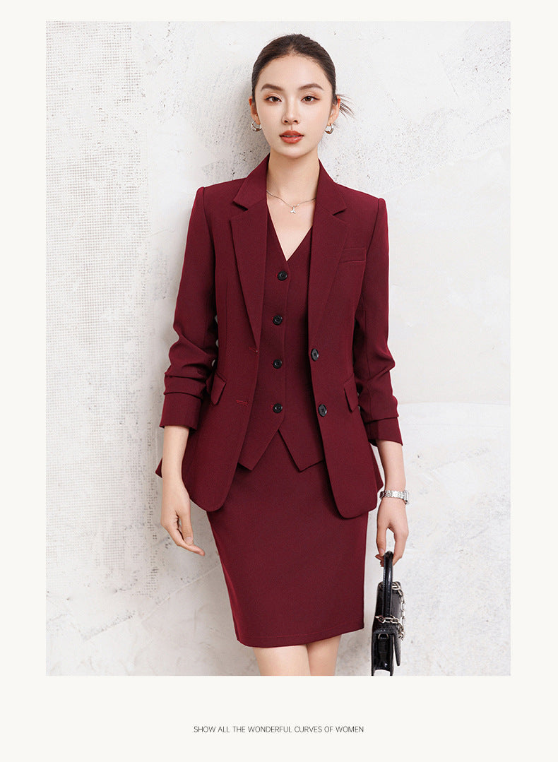 Cross-Border Red Hostess Suit Set for Women, Formal Attire for Broadcast Art Exams, Speech Competitions, Interviews, and News Anchor On-Camera Appearance