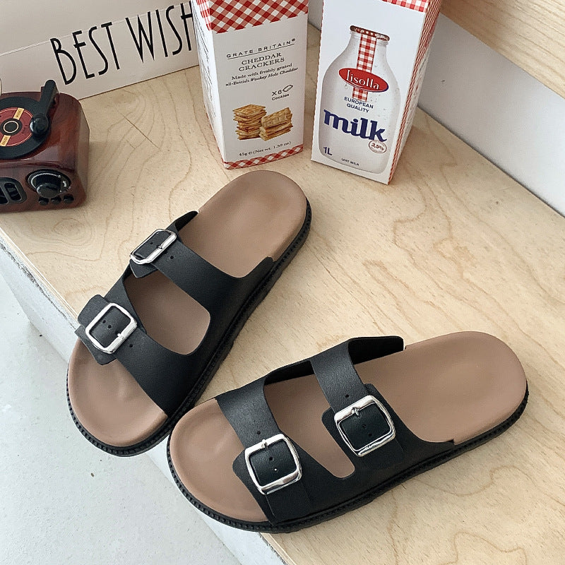 Double-strap Thick-soled Sandals and Slippers Women's New Flat-soled Shops with Square Buckle Korean Style Outer Wear All-match Roman Foreign Trade Beach Shoes