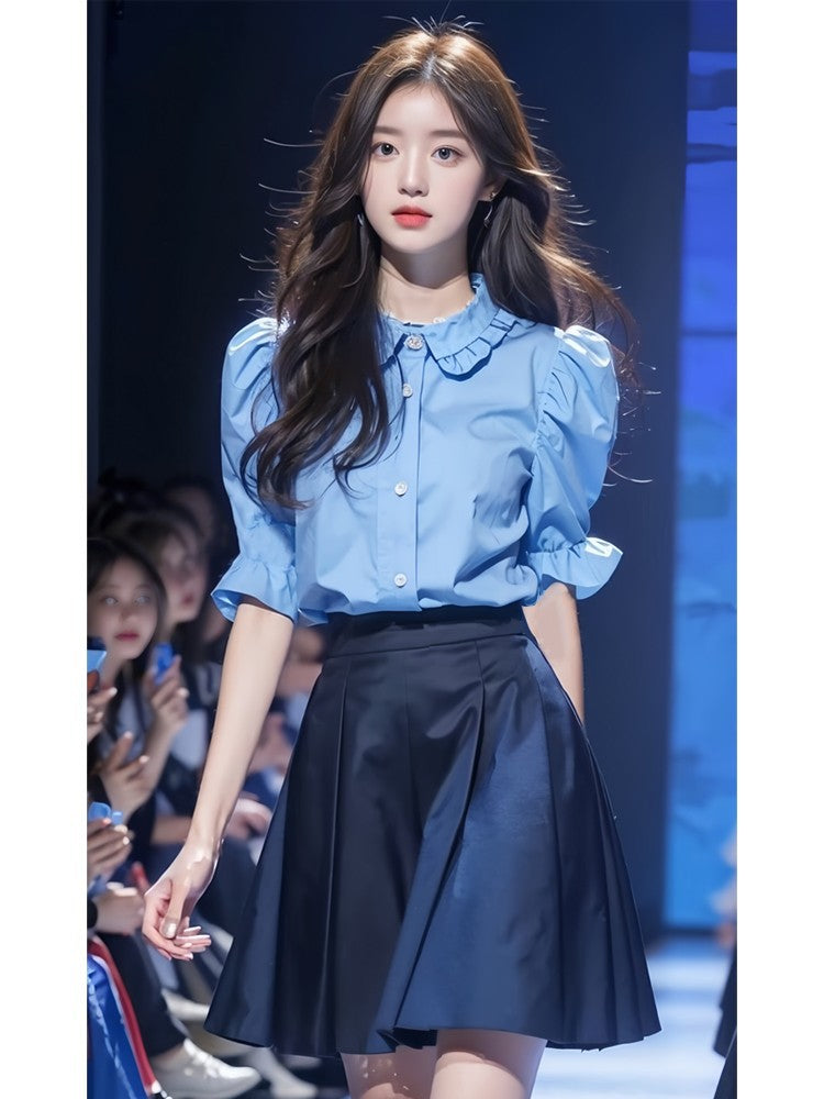 Foreign trade women's 2025 summer dress with a set of salt light cooked blue short sleeve shirt skirt age-reducing beautiful