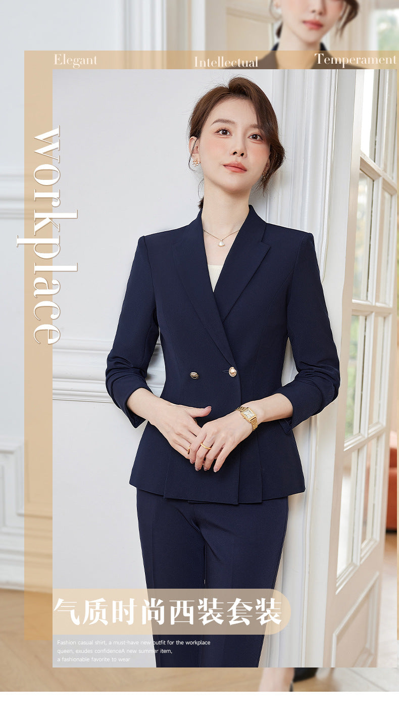 Cross-Border High-End Professional Women's Navy Blue Suit, New Spring and Autumn Style, Elegant Suit Set, Formal Attire for Hotel Sales Managers