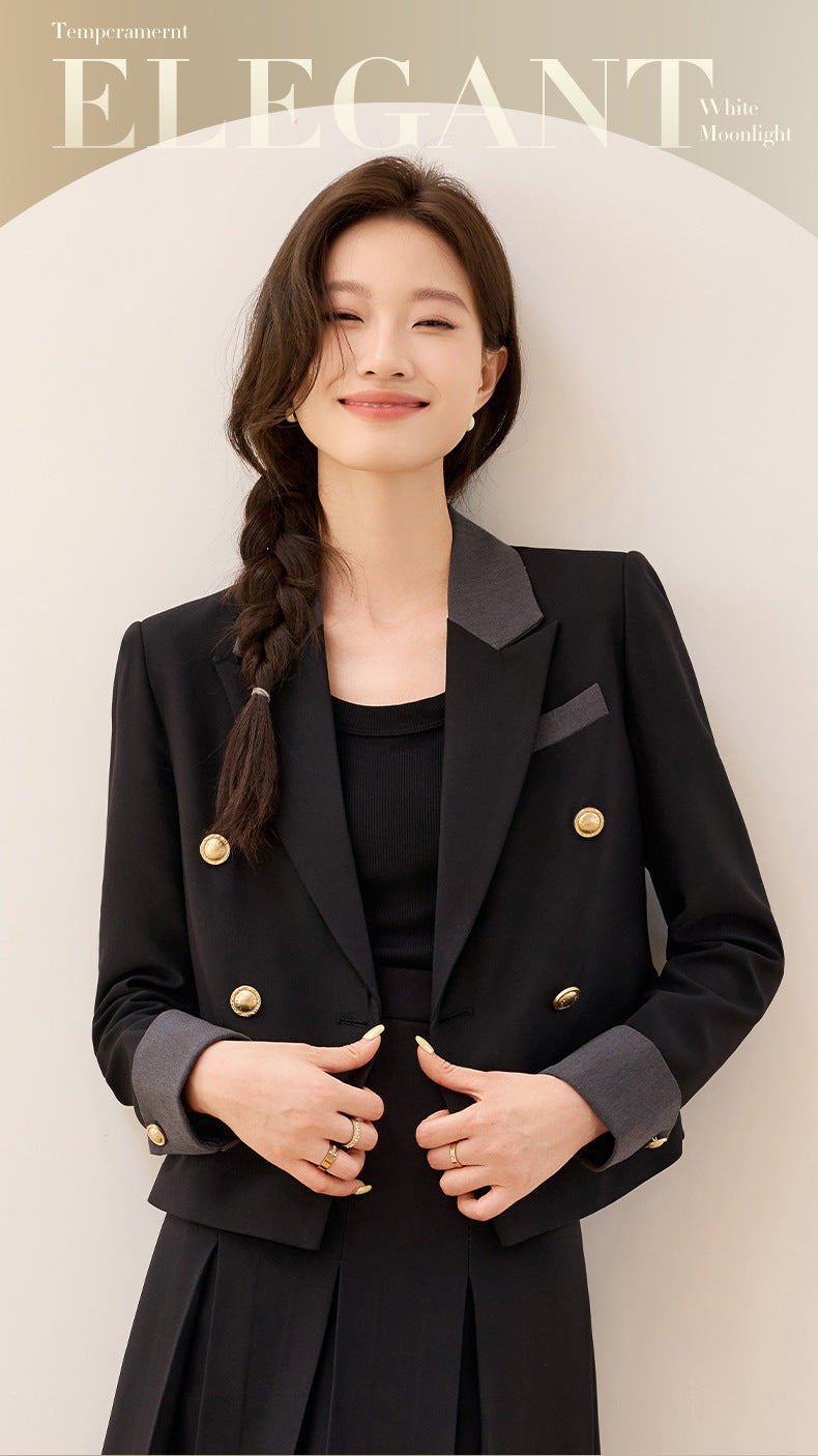 Cross-Border Black Short Blazer for Women, Petite Size, Suitable for College Students, Teacher Qualification Interview, Formal Attire, Elegant Suit with Skirt