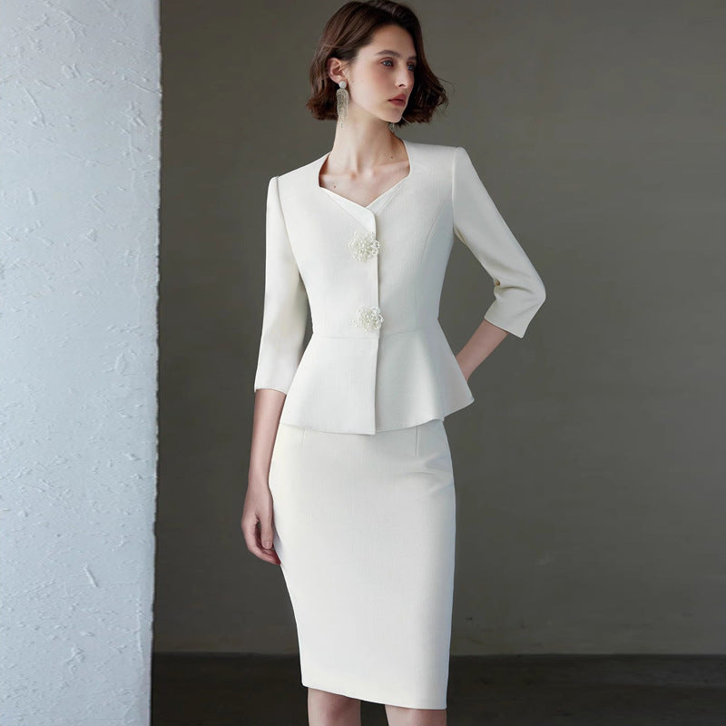Ad Spring/Summer 2026 New Women's Suit Set, Elegant White Three-Quarter Sleeve Business Attire, Chanel-Style Two-Piece Set