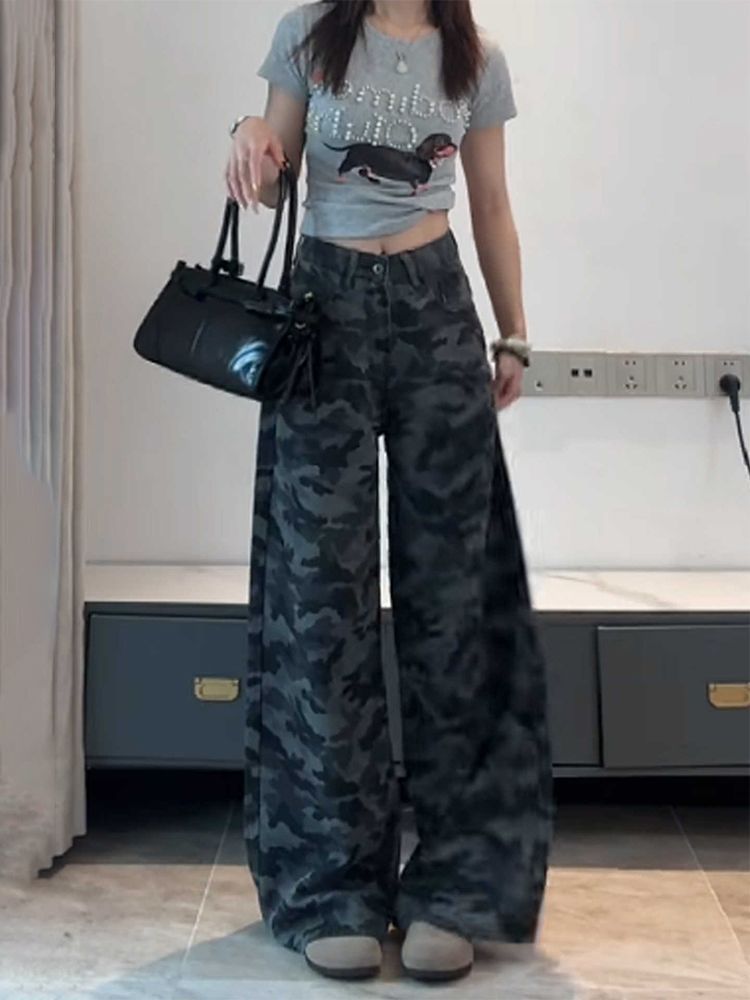 American-Style Plus-Size Camouflage Wide-Leg Jeans for Women, Designed for Petite Pear-Shaped Figures, Loose Casual Straight-Leg Pants