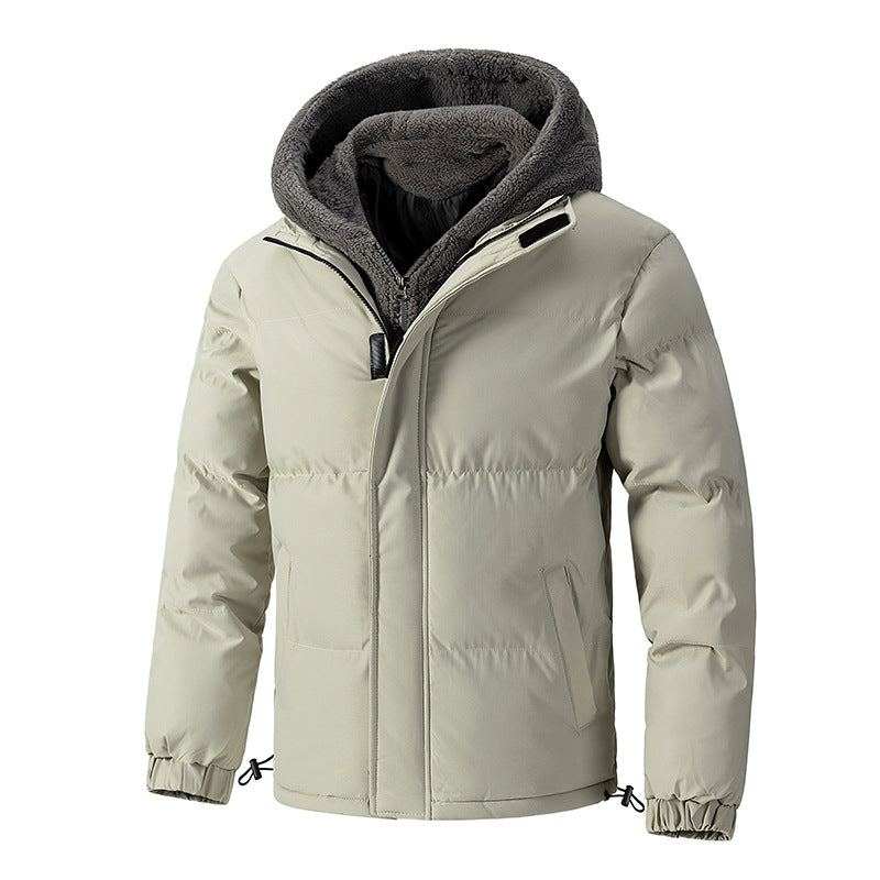 2025 Winter New Cross-Border Men's Cotton Jacket, Faux Two-Piece Solid Color Design with Fleece Lining and Thickened Polar Fleece Cotton Coat