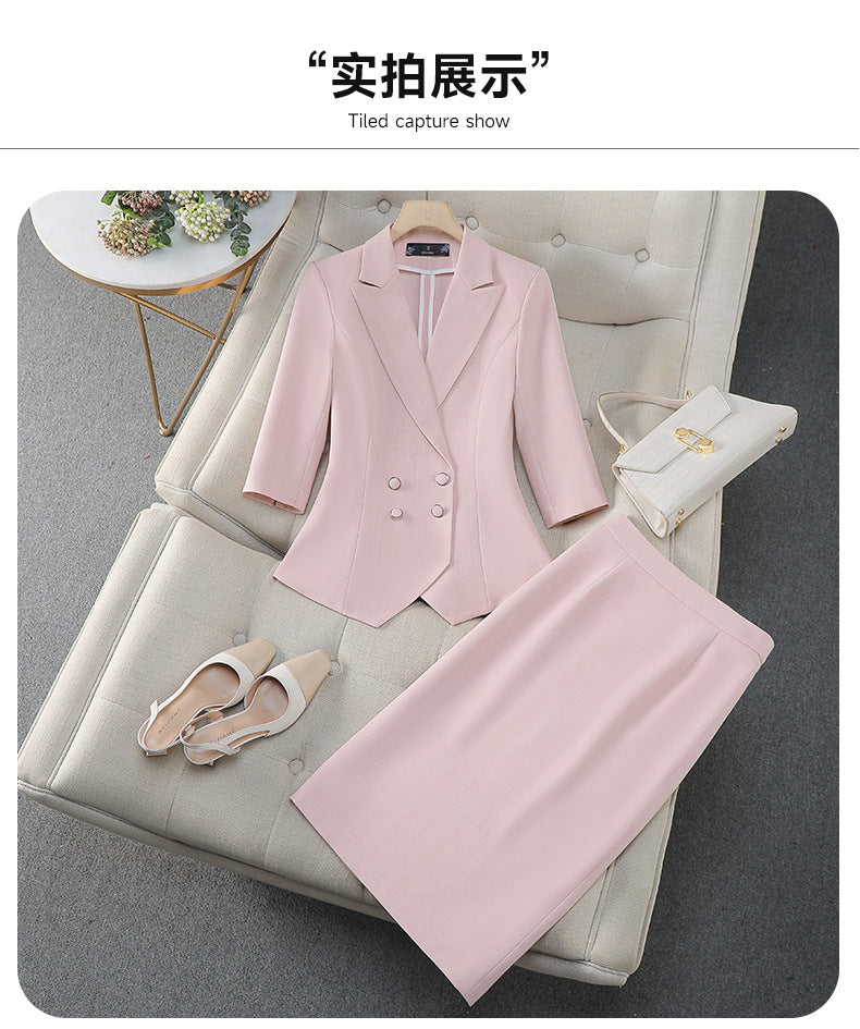 Cross-Border Professional Attire Pink Three-Quarter Sleeve Suit Skirt Women's Spring and Summer New Beauty Salon Work Clothes Over-The-Knee Skirt