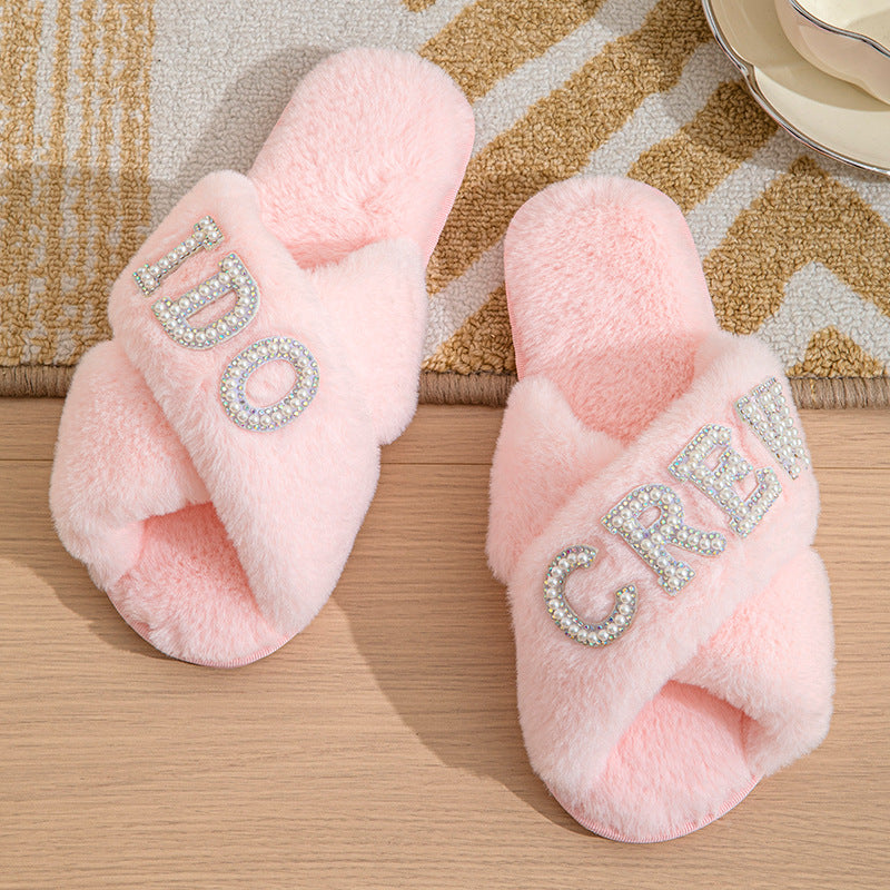 Bride Plush Slippers Cross-Border Popular Pearl Letters Bride Cross Plush Slippers Bachelor Party Wedding