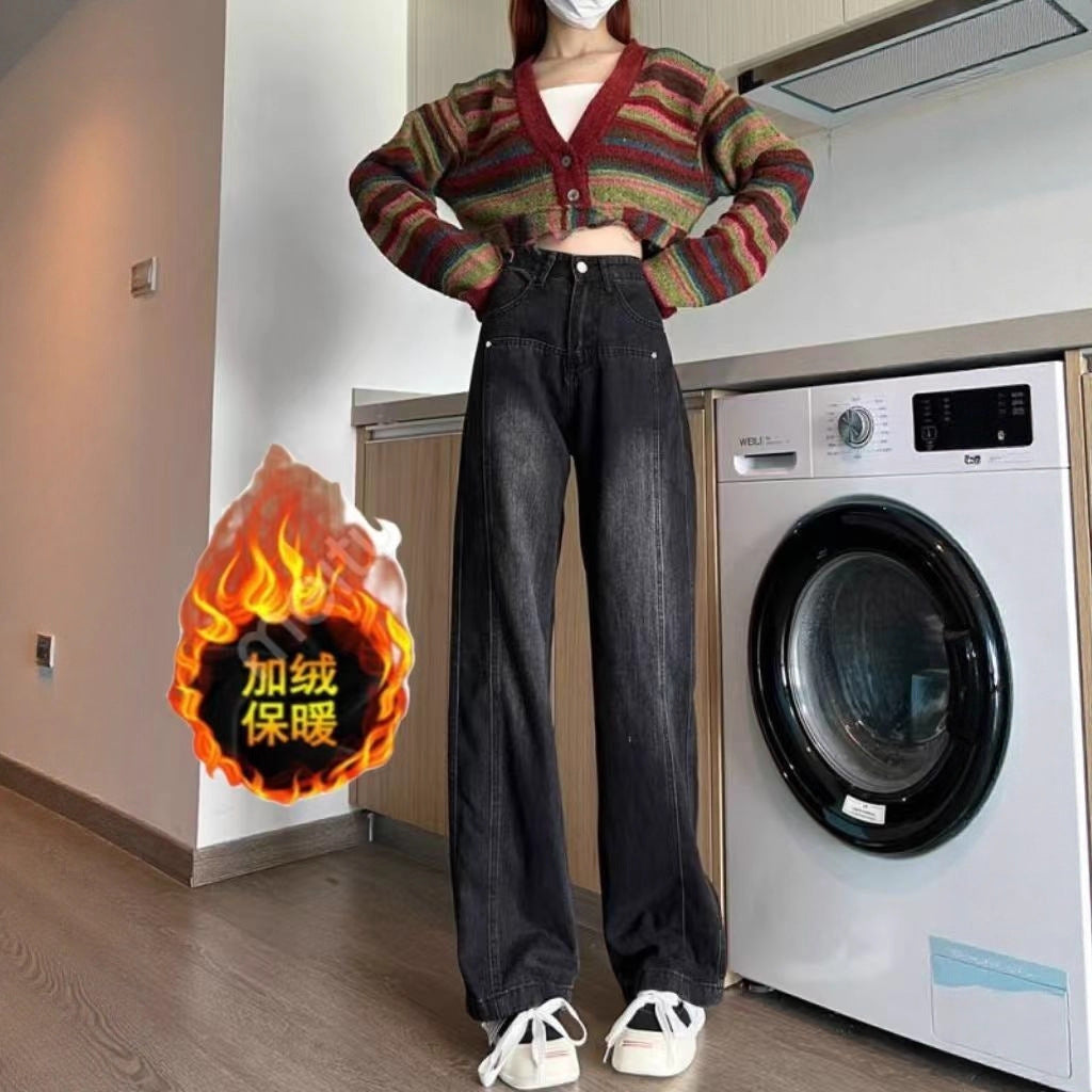 American Retro Black Jeans for Women 2025 Autumn and Winter Fleece-Lined Loose Slimming Look High Waist Straight Wide Leg Floor Mopping Pants
