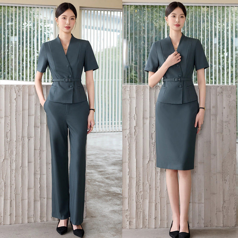 Summer New Design V-Neck Professional Women's Skirt Suit in Gray-Green, Slim-Fit and Flattering, Suitable for Reception and Work Attire
