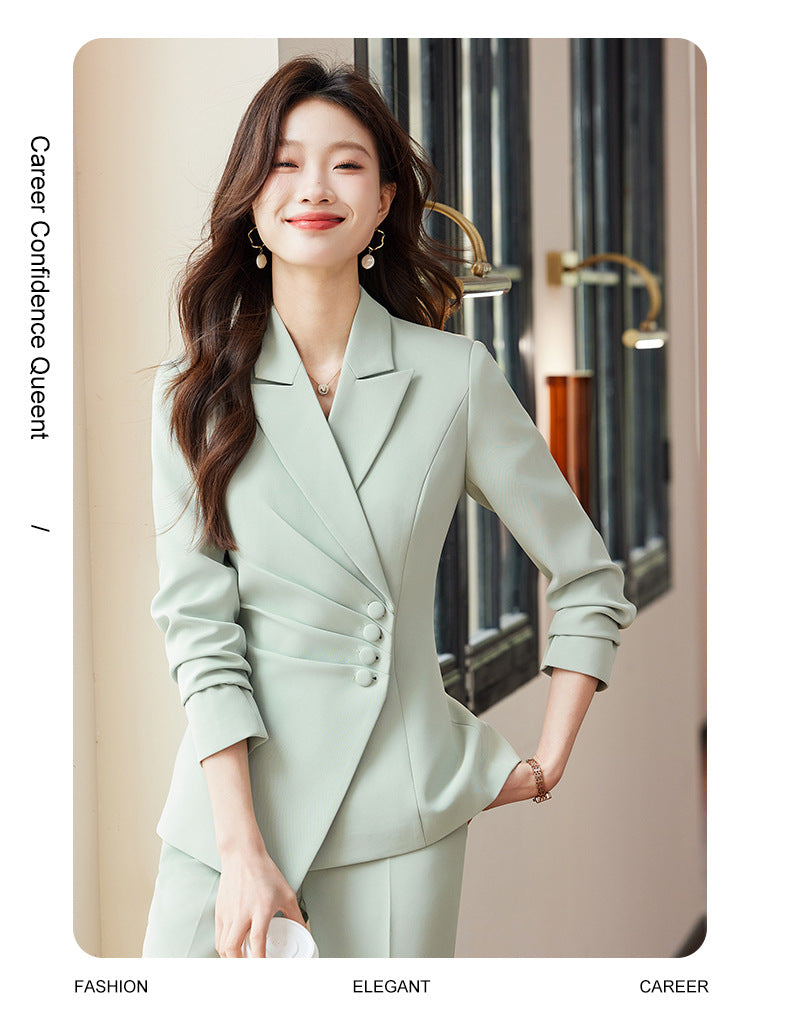 2025 Spring European and American Foreign Trade Green Slim Fit Small Suit Set Front Desk White Collar Workwear Wide-Leg Pants Suit Set