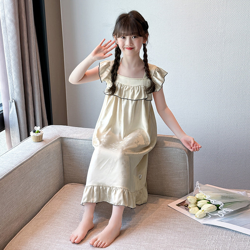 Girls' Summer Ice Silk Jacquard Butterfly Nightgown 2025 New Western Style Children's Thin Pajamas Large Children's Home Clothes