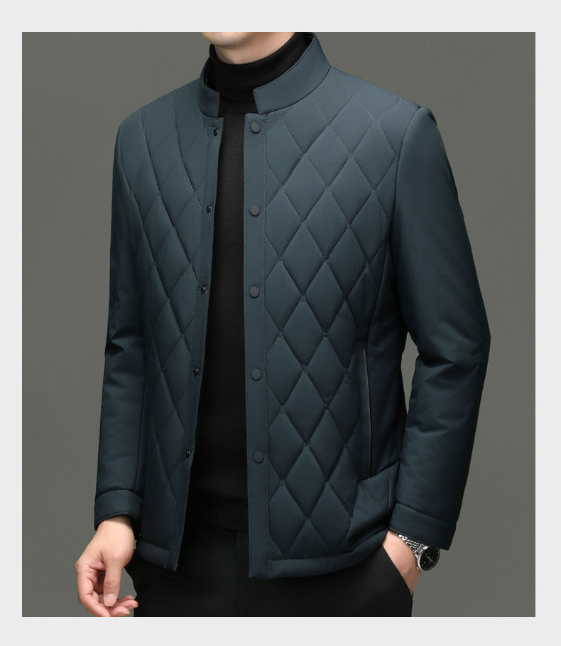 Men's Stand Collar Diamond Pattern Cotton Jacket Autumn and Winter Business Casual Warm Jacket Young and Middle-Aged Fashion Single-Breasted Top