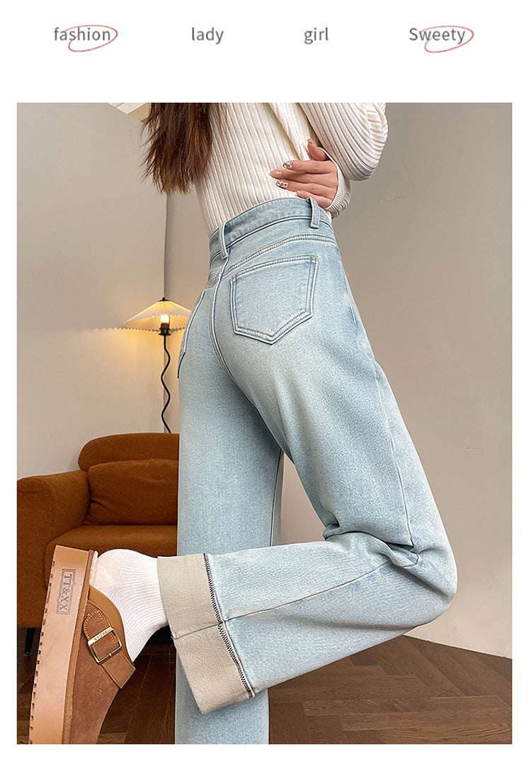 Fleece-Lined Cigarette Jeans for Women, Autumn/Winter 2026 New Style, Wide-Leg, Slim-Fit, Loose, Flattering, Petite Straight-Leg Pants