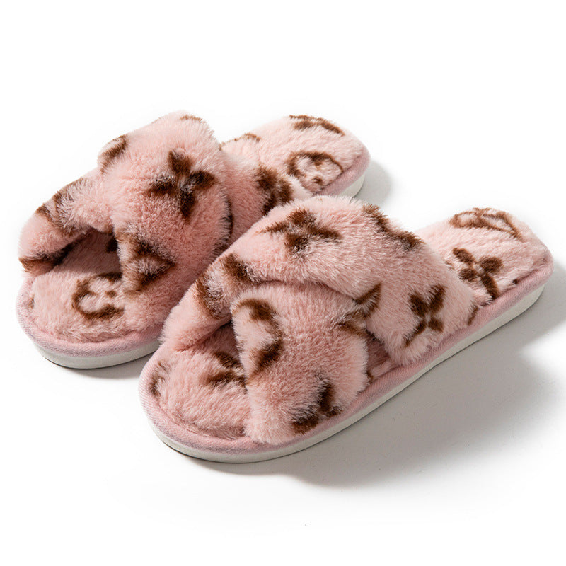 Four-leaf clover cross-opening cross-border foreign trade open-toe women's slippers autumn and winter four seasons open-ended slippers imitation rabbit hair