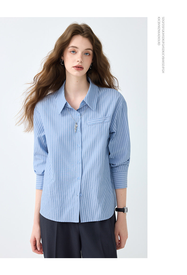 Light Workplace Blue Striped Long-Sleeved Shirt for Women, Spring and Autumn Design Professional Shirt, Commuting Versatile Top