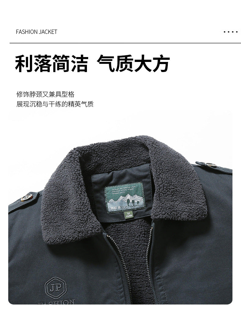 New Lamb Wool Jacket Men's Winter Thickened Wool Collar fleece-lined Overalls Cotton-padded Jacket Men's Jacket Casual Cotton-padded Jacket Aviator