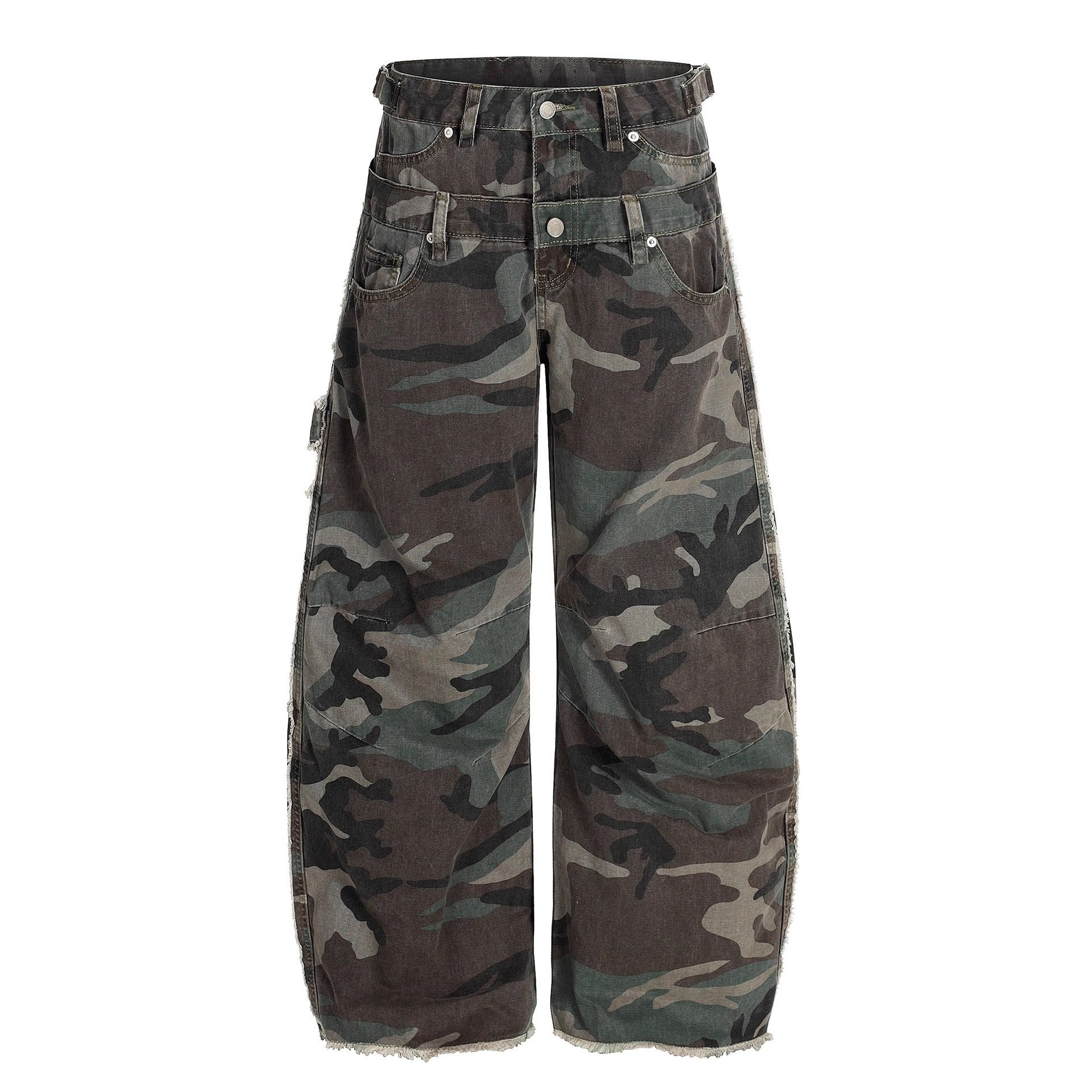 American Retro Design Double Waistband Camouflage Cargo Pants for Men and Women New Deconstructed Loose Wide-Leg Scimitar Jeans