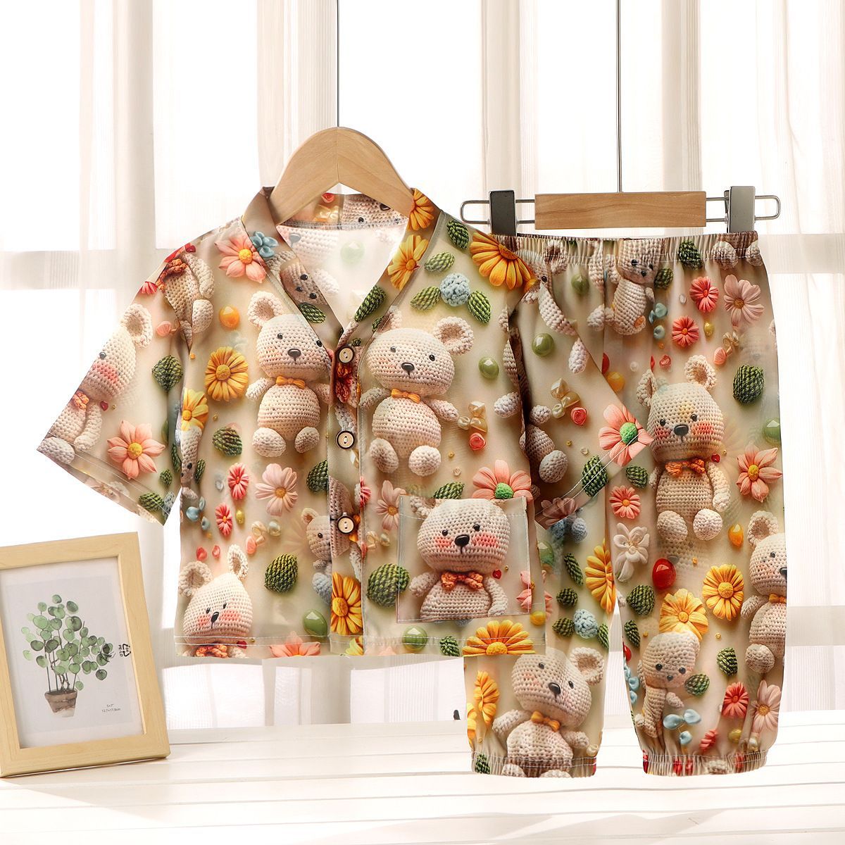 Children's Home Clothes Cotton Silk Suit Summer Boys and Girls Pajamas Artificial Cotton Two-Piece Set Cotton Silk Air-Conditioned Clothes Kidsren's Clothing
