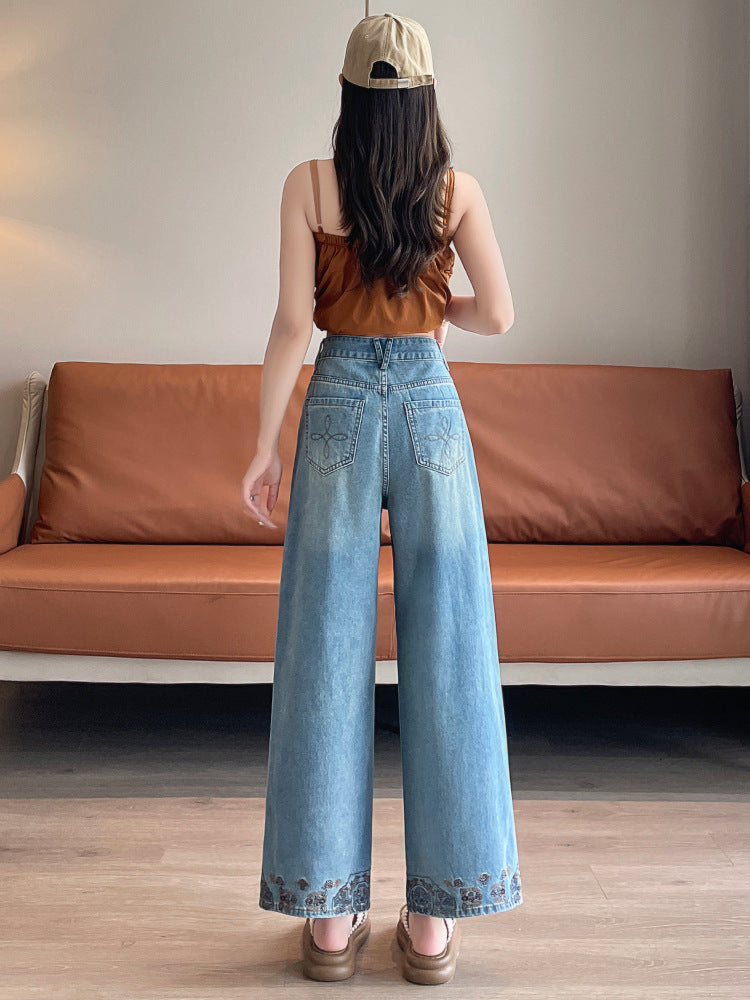 Vintage Embroidered Lace Wide-Leg Jeans for Women 2026 Autumn New Trendy Petite Loose Chinese Style Granny Pants