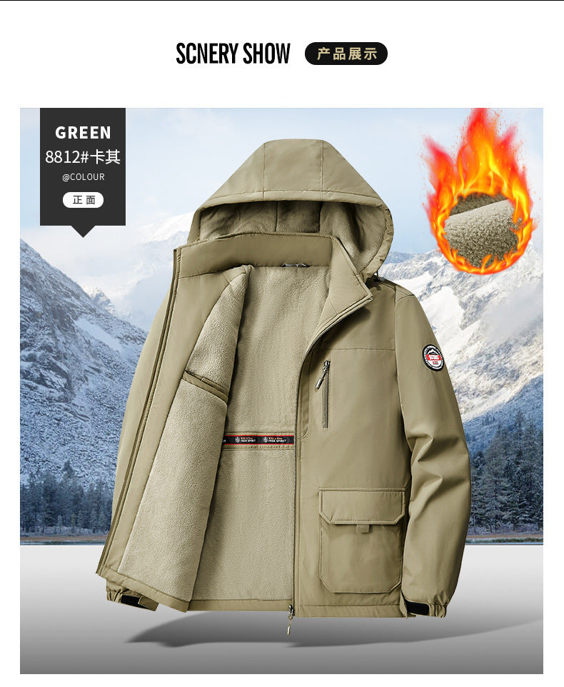 Cotton Jacket Fleece-Lined Thickeneded Windproof Waterproof Warm Autumn and Winter Cotton Jacket Large Size Workwear Outdoor Cotton Jacket for Men 8812