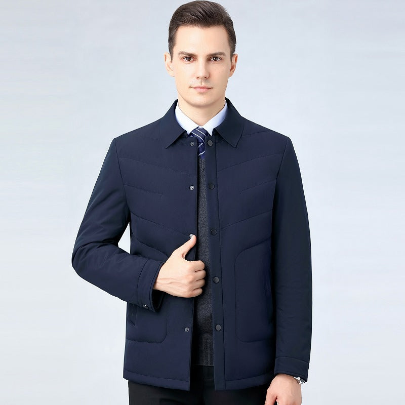 2025 Winter Mulberry Silk Men's Cotton Jacket with Turn-Down Collar, Quilted Middle-Aged Business Casual Cotton Coat for Dad