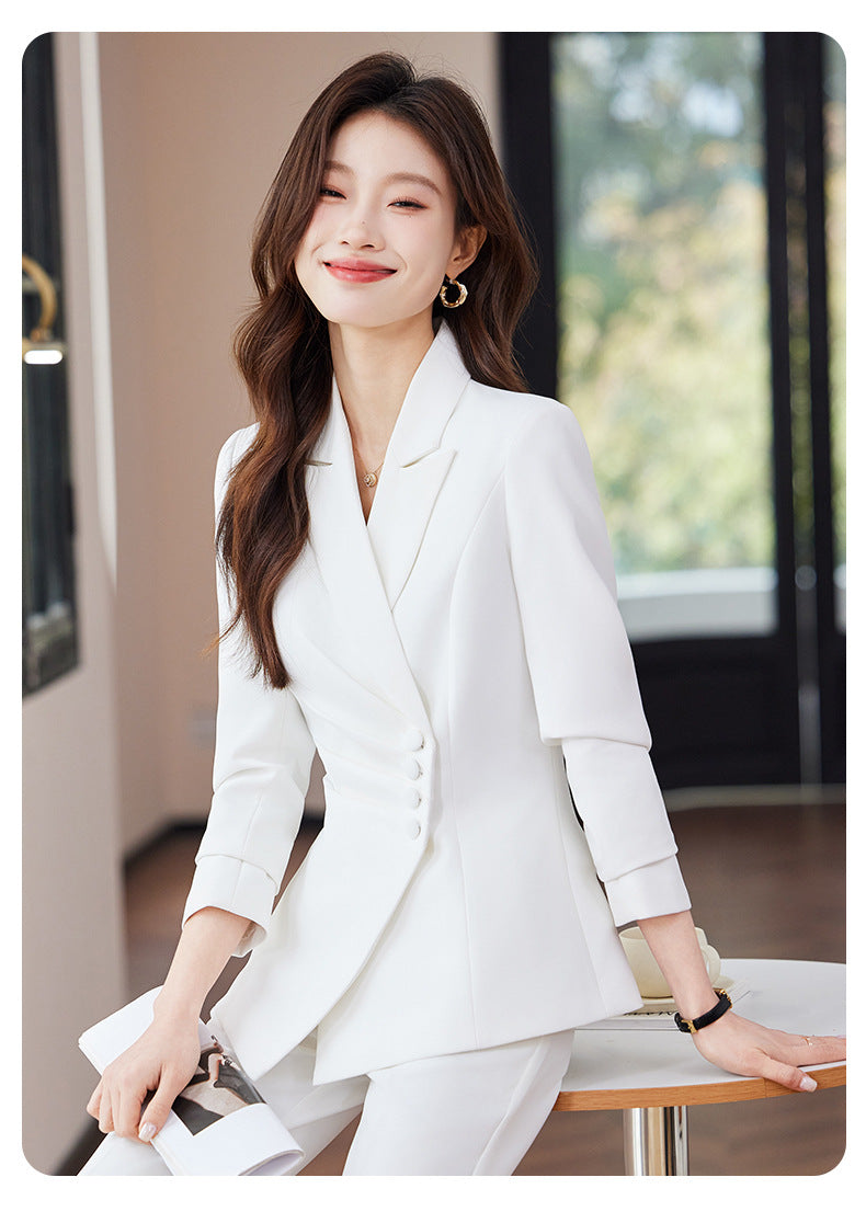2025 Spring European and American Foreign Trade Green Slim Fit Small Suit Set Front Desk White Collar Workwear Wide-Leg Pants Suit Set