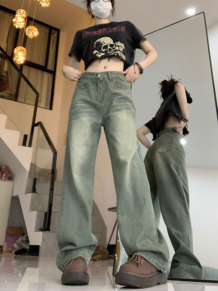 2025 Spring and Autumn Retro American High Waist Slim Straight-Leg Jeans Fashion Women's Loose Floor-Length Wide Leg Long Pants