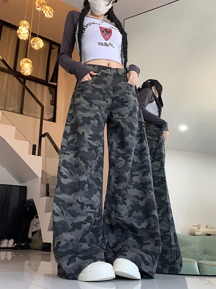 Plus Size Workwear Wide-Leg Camouflage Jeans for Women, Autumn American Style, Loose Retro Drape, Lazy Straight Pants for Chubby Women