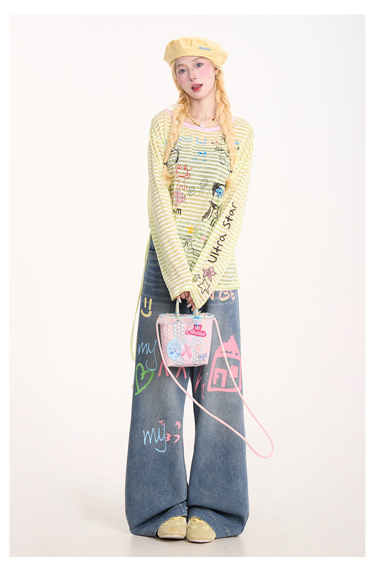 American Graffiti Print Jeans for Women, Trendy Retro Washed Straight Pants, Loose Casual Drape Versatile Casual Pants