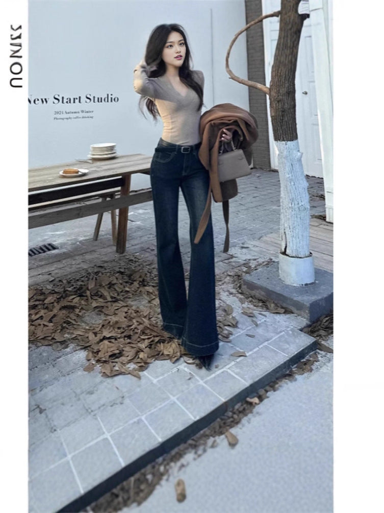 American Retro Flared Jeans for Women, Spring New Slim Fit Low-Rise Straight Cigarette Flared Pants Trendy