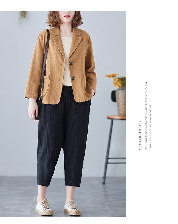 2025 Real Shot of New Cotton and Linen Retro Literary Loose Versatile Casual Long-Sleeved Button-Down Small Suit Short Jacket for Women