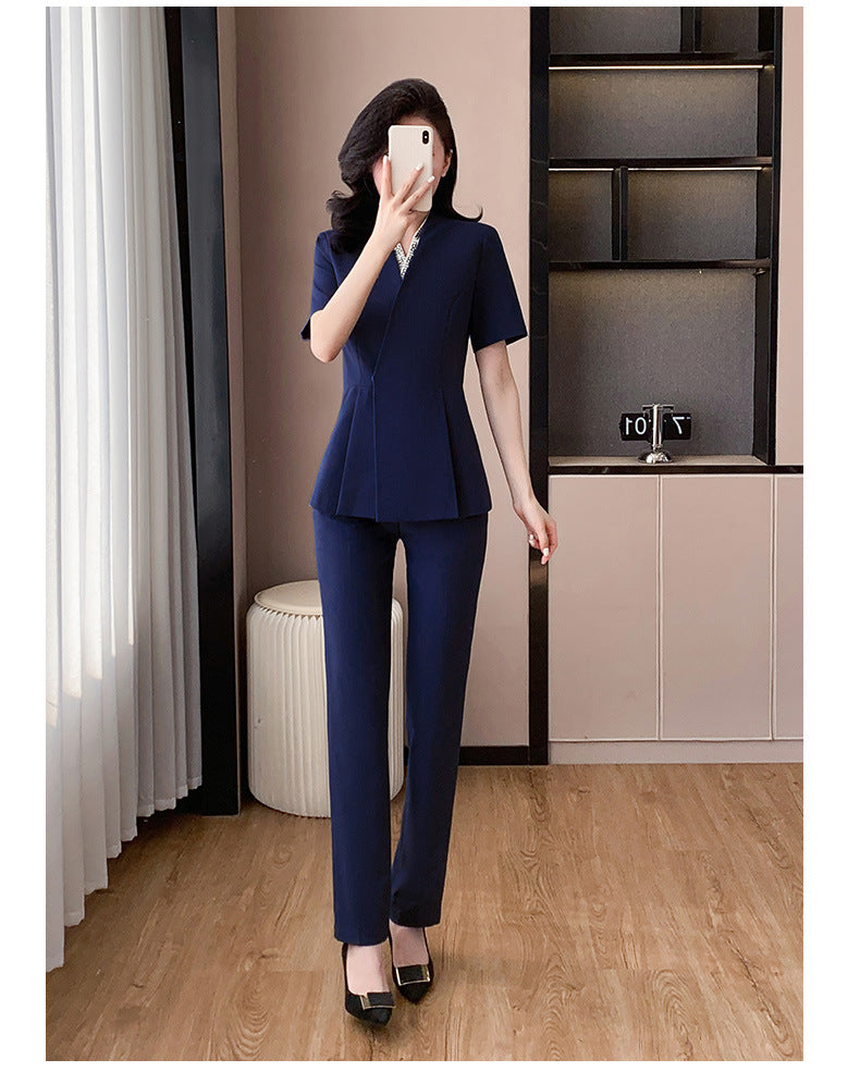 Blue Suit Jacket Women's Spring and Summer Short-sleeved Jewelry Store Front Desk Business Dress Dress Waist Tight Beauty Salon Suit suit
