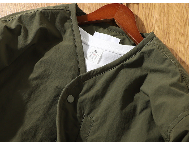 Japanese Retro Collarless Quilted Jacket Men's Windproof Workwear Layered V-Neck Snap Cotton Coat Men