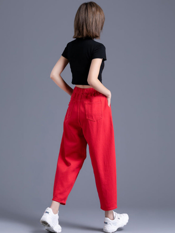 Red Ripped Distressed Jeans for Women, 2026 New Style, High-Waisted Dad Harem Pants, Slimming Carrot Pants for Women