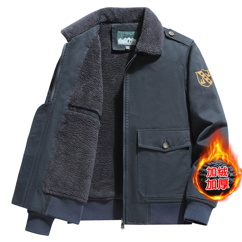 New Lamb Wool Jacket Men's Winter Thickened Wool Collar fleece-lined Overalls Cotton-padded Jacket Men's Jacket Casual Cotton-padded Jacket Aviator