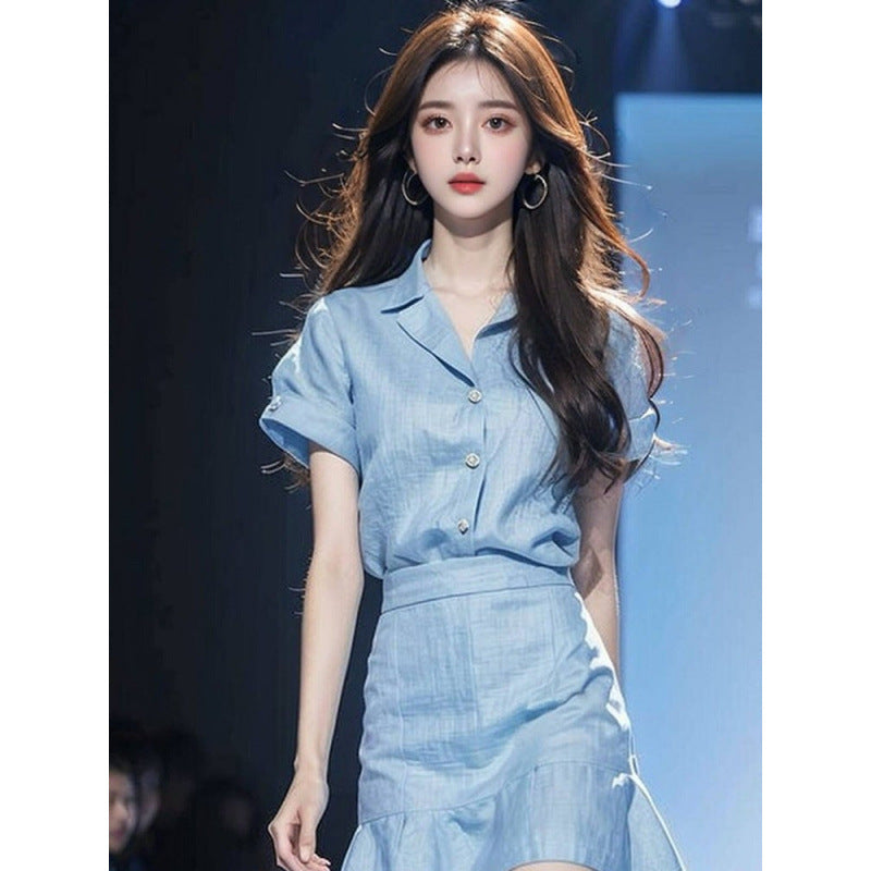 Foreign trade women's clothing age-reducing foreign-style fashion this year popular beautiful small fragrant style professional blue top skirt two pieces