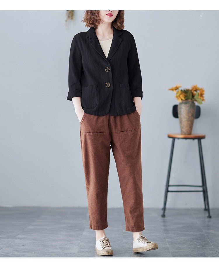 2025 Real Shot of New Cotton and Linen Retro Literary Loose Versatile Casual Long-Sleeved Button-Down Small Suit Short Jacket for Women