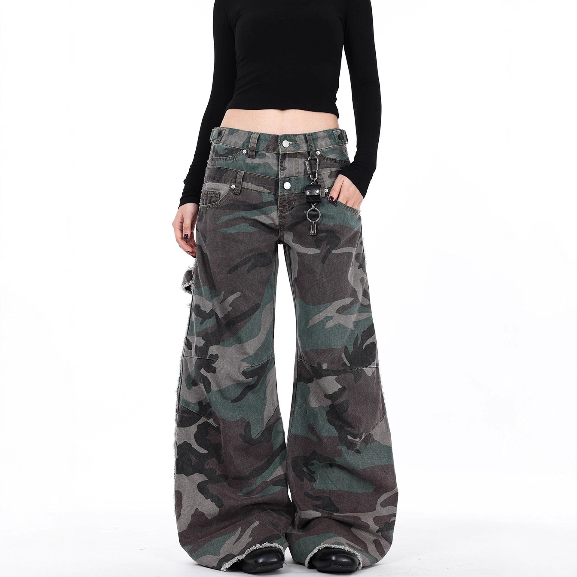 American Retro Design Double Waistband Camouflage Cargo Pants for Men and Women New Deconstructed Loose Wide-Leg Scimitar Jeans
