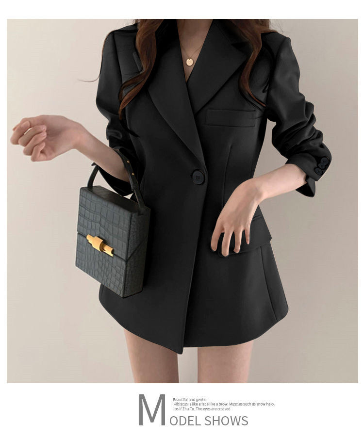 khaki Suit Jacket Women's Spring and Autumn Korean-style Ins Hong Kong-style Retro Top Tight Waist Slimming Mid-length Small Suit