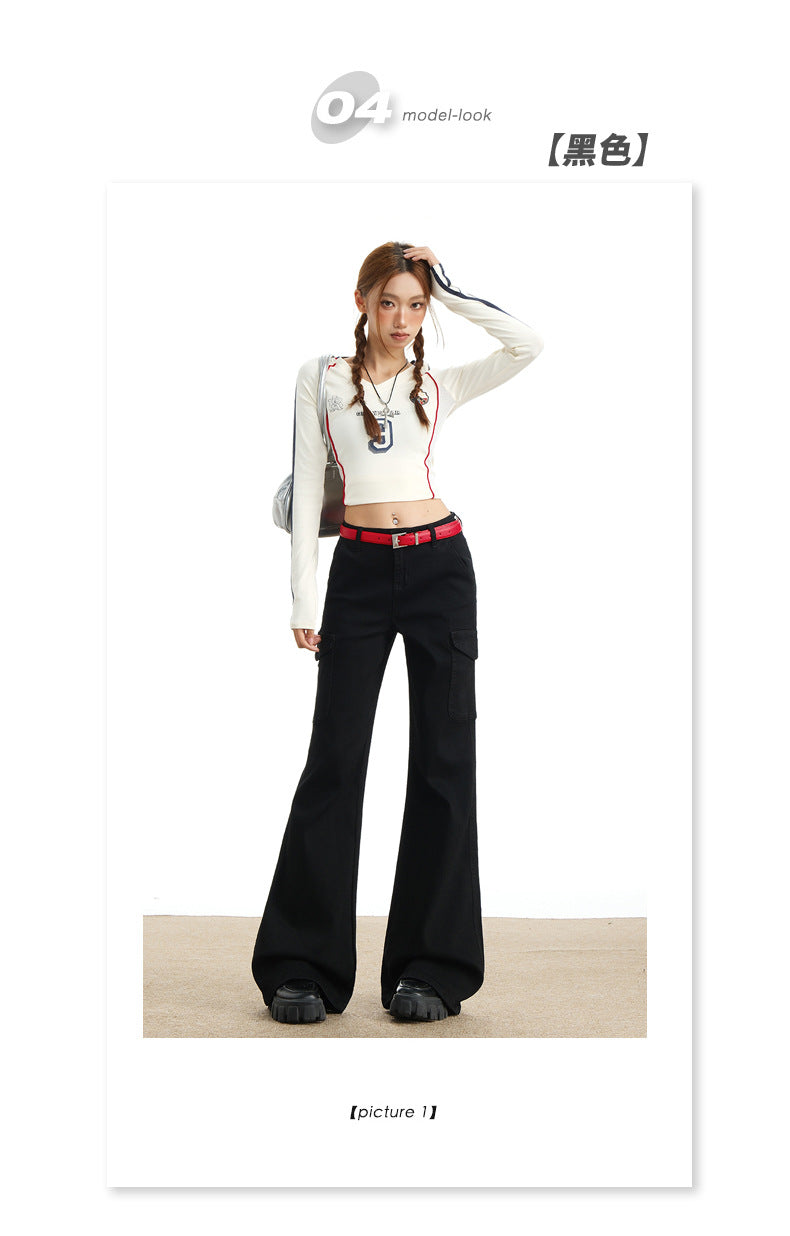 Eye-Catching Autumn and Winter Black Workwear Mid-Waist Elastic European and American Slightly Flared Wide-Leg Floor-Length Casual Jeans for Women