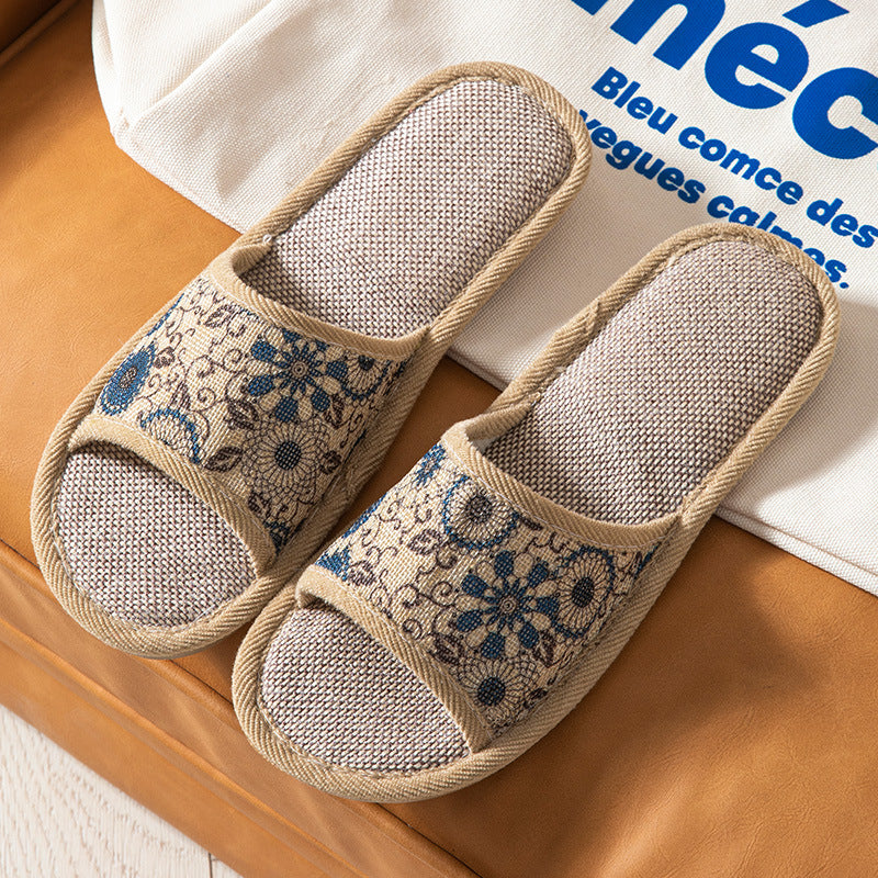 Open Toe Opening Four Seasons Linen Wheel Retro Flower Flower Four Seasons Linen Slippers