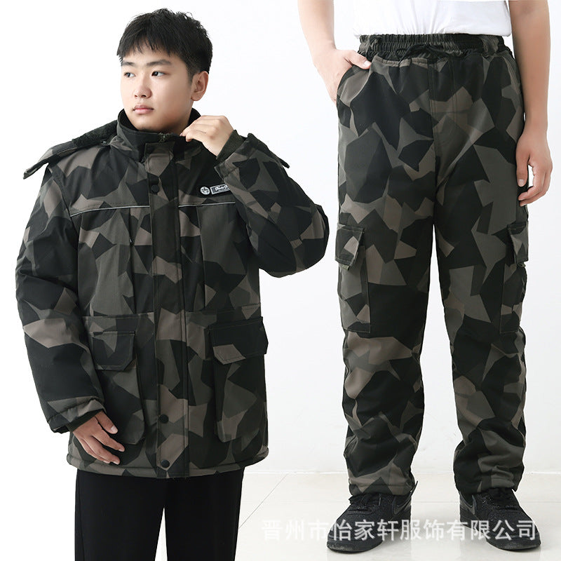 Winter Cotton-Padded Labor Protection Clothing for Men, Fleece-Lined and Thickeneded Cotton-Padded Jacket and Pants Suit, Wear-Resistant and Cold-Proof Camouflage Cotton Coat and Work Clothes