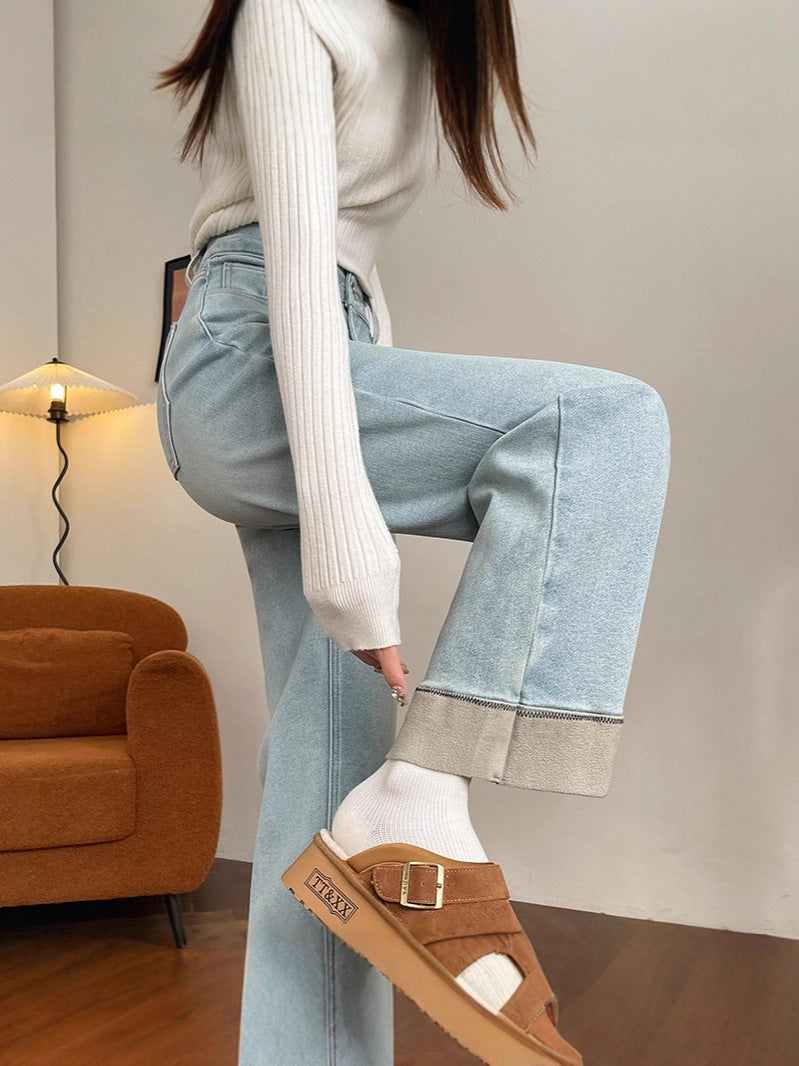 Fleece-Lined Cigarette Jeans for Women, Autumn/Winter 2026 New Style, Wide-Leg, Slim-Fit, Loose, Flattering, Petite Straight-Leg Pants