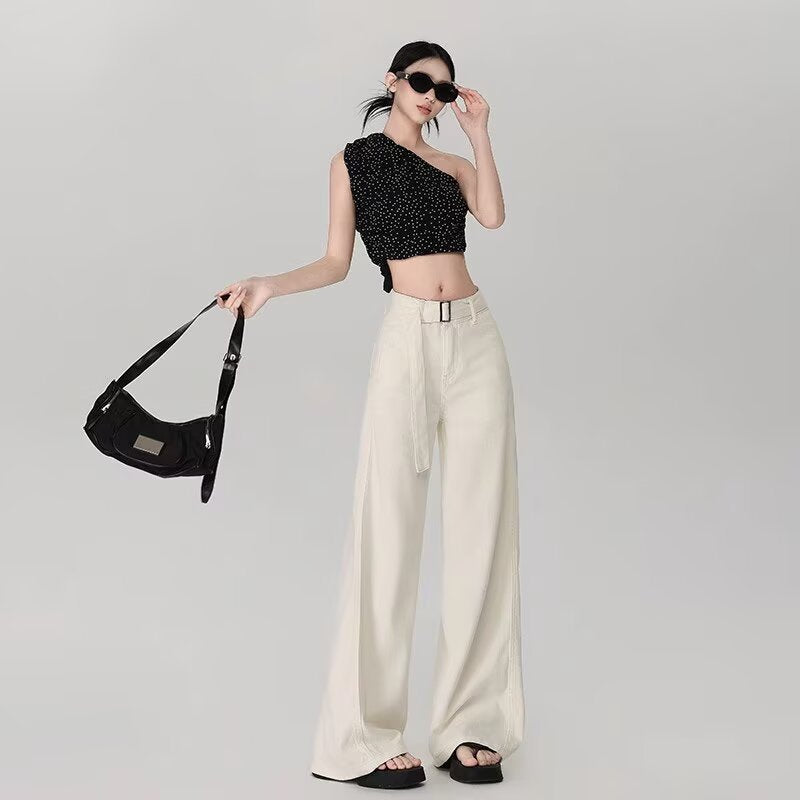 Off-White Wide-Leg Micro-Flared Jeans for Women 2025 Summer New Style Belt Draped Loose Straight White Pants
