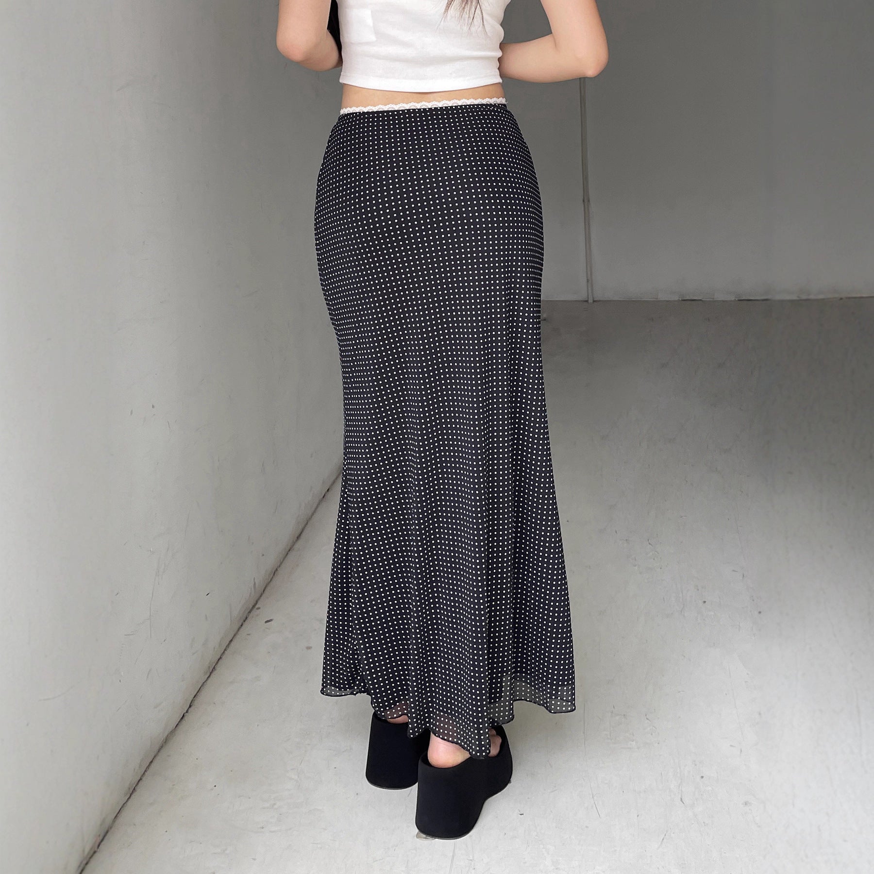 C3252Sk European and American Cross-Border French Polka Dot Element Waist Lace Splicing Long Skirt Sexy Hip-Covering Skirt