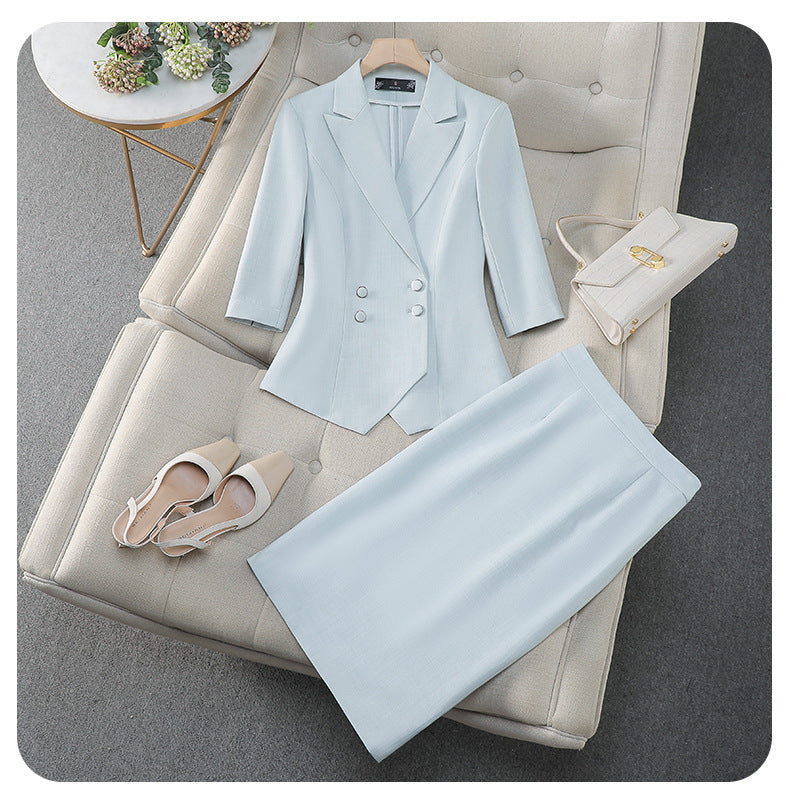 Cross-Border Professional Attire Pink Three-Quarter Sleeve Suit Skirt Women's Spring and Summer New Beauty Salon Work Clothes Over-The-Knee Skirt