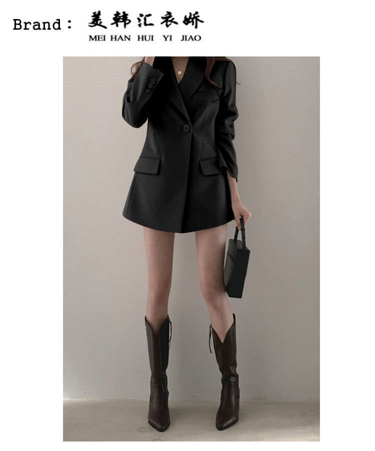 khaki Suit Jacket Women's Spring and Autumn Korean-style Ins Hong Kong-style Retro Top Tight Waist Slimming Mid-length Small Suit