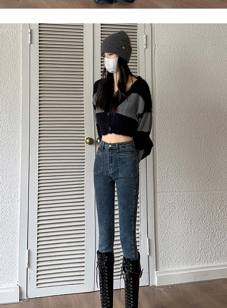 Retro High-Waisted Jeans for Women 2025 Autumn New Slimming Look Design Elastic Tight Pencil Pants