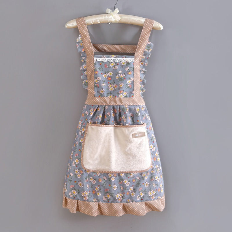 Factory Direct Sales New Kitchen Household Cooking Canvas Cotton Apron Lace Cute Hand-Wipeable Suspenders Pure Cotton for Women